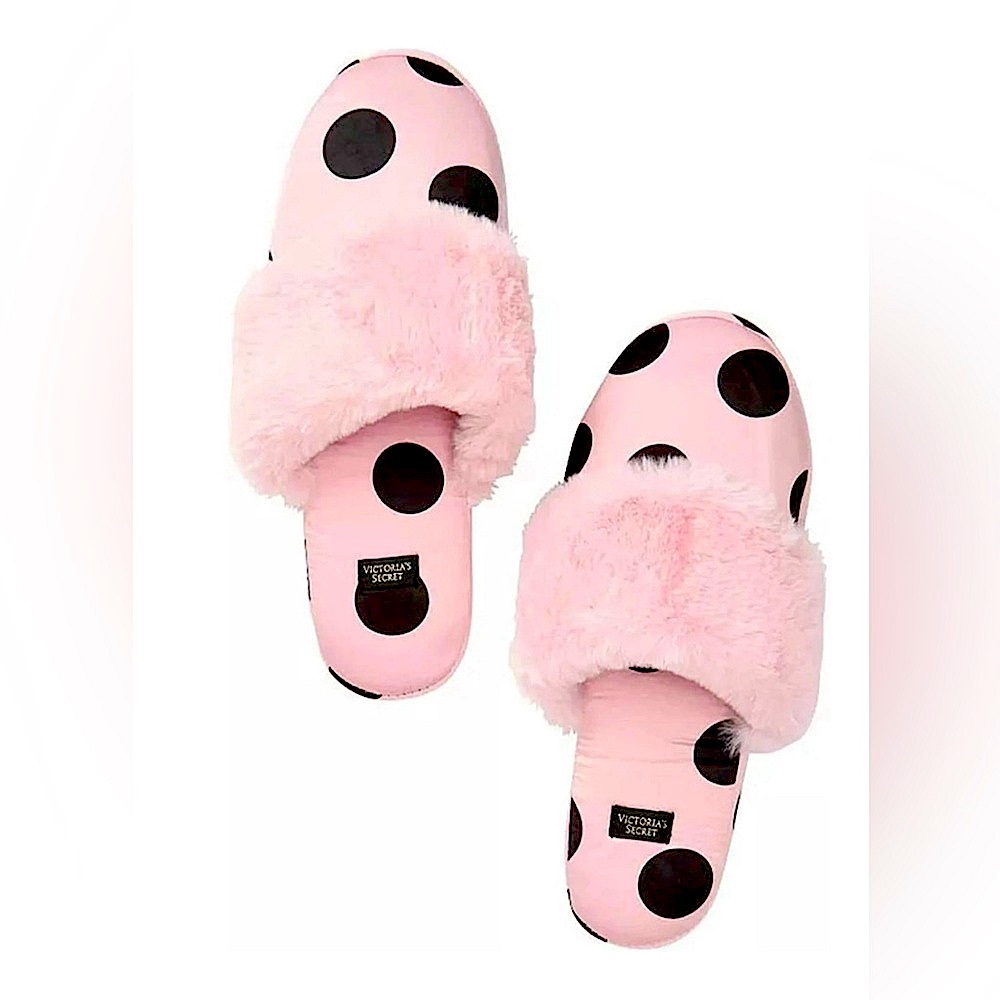 Victoria’s Secret Signature Satin Pink and Black Polka Dot Slippers! Size M.